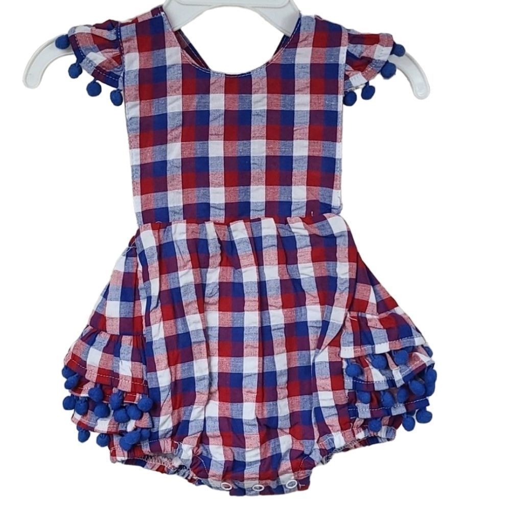 NWT Baby Girl 3M Red White Blue Plaid Pom Ruffle Bubble Romper Outfit 1pc